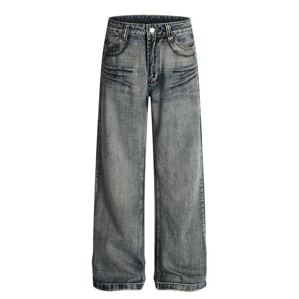 Heavy-duty Washed Denim Straight-leg Men's Punk Street Fashion Design Distressed Wide-leg Loose Pants_mkmklike.com