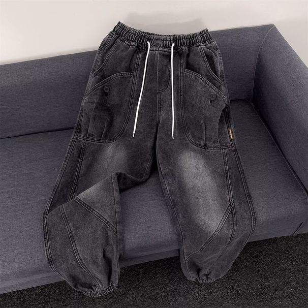 Men's Clothing Vintage Washed Men's Cargo Jeans With Adjustable Drawstring Waist & Tapered Cuff - Relaxed Fit Retro Work Pants (Blue/Black-Grey)_mkmklike.com