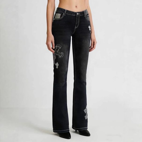 Hot Girl Black Washed Slim Fit Cross Embroidered Flared Jeans European American Style Women's Denim Jeans_mkmklike.com
