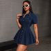 K Women's New Denim Style Casual Waist Cinched Lapel Dress_mkmklike.com