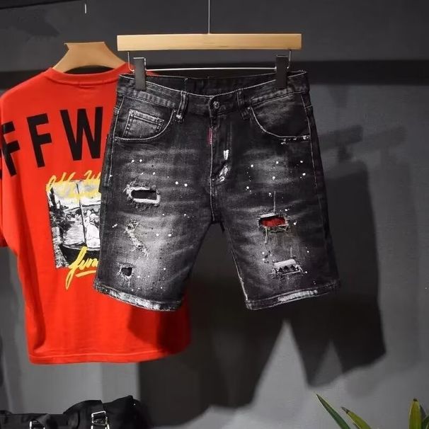 Men's Distressed Paint-Splatter Denim Shorts – Stretch Slim Fit Casual Cargo Shorts (Black, 28-34)_mkmklike.com