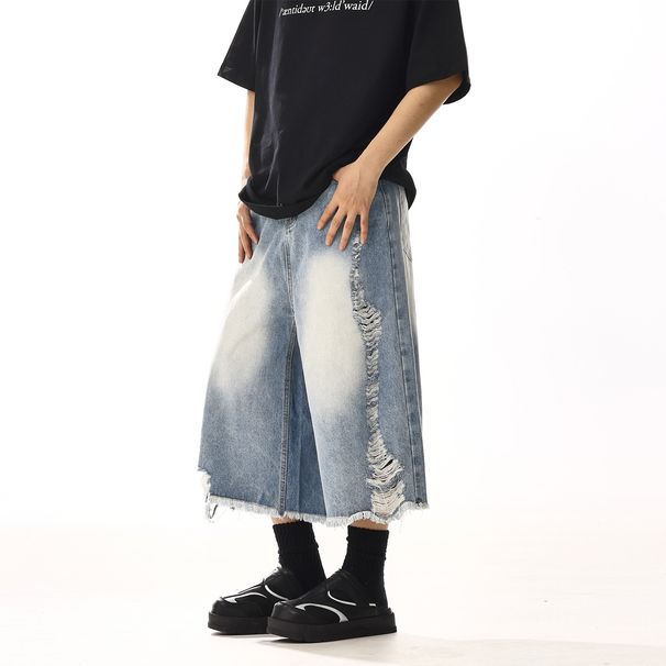 Unisex Distressed Denim Shorts – Washed Blue Straight-Leg Mid-Rise Casual Shorts, American Vintage Style Ripped Hem For Men & Women_mkmklike.com