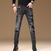 Streetwear Spray-Print Slim Fit Jeans For Men – Distressed Ink Wash Denim Pants With American Casual Style (Black-Grey, Sizes 28-36)_mkmklike.com