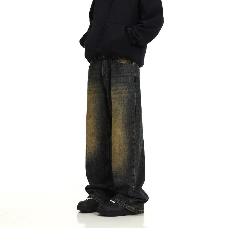 Vintage Washed Denim Jeans For Men – Relaxed Straight-Leg Streetwear Pants With Distressed Details, High-Waisted Loose Fit (S-3XL, Retro Blue)_mkmklike.com
