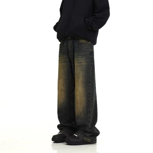 Vintage Washed Denim Jeans For Men – Relaxed Straight-Leg Streetwear Pants With Distressed Details, High-Waisted Loose Fit (S-3XL, Retro Blue)_mkmklike.com