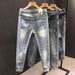 Ins Korean Version Men's Ripped Hole Slim Fit Nine Inch Jeans Summer Youth Fashion Light Blue Rotten Legs Tight Fitting_mkmklike.com