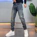 Trendy Men's Slim Fit Straight Leg Jeans High End European American Style Stretchy Casual Pants mid Waist Zipper Fly Blue_mkmklike.com