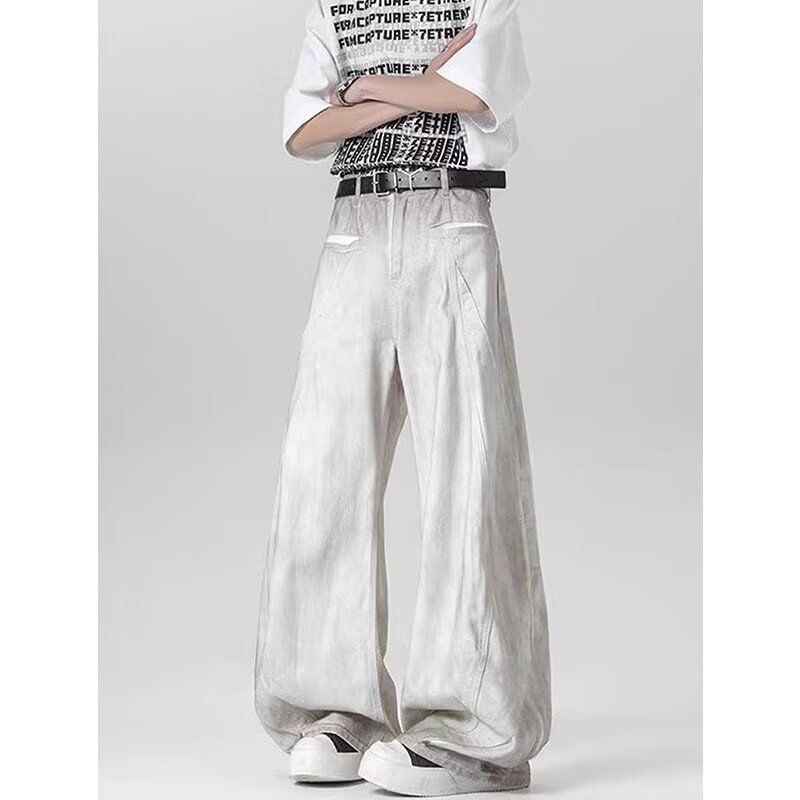 Distressed Dirty White Washed Vintage Jeans – Relaxed Straight-Leg Baggy Denim Pants For Men & Women | High Street Retro Streetwear_mkmklike.com