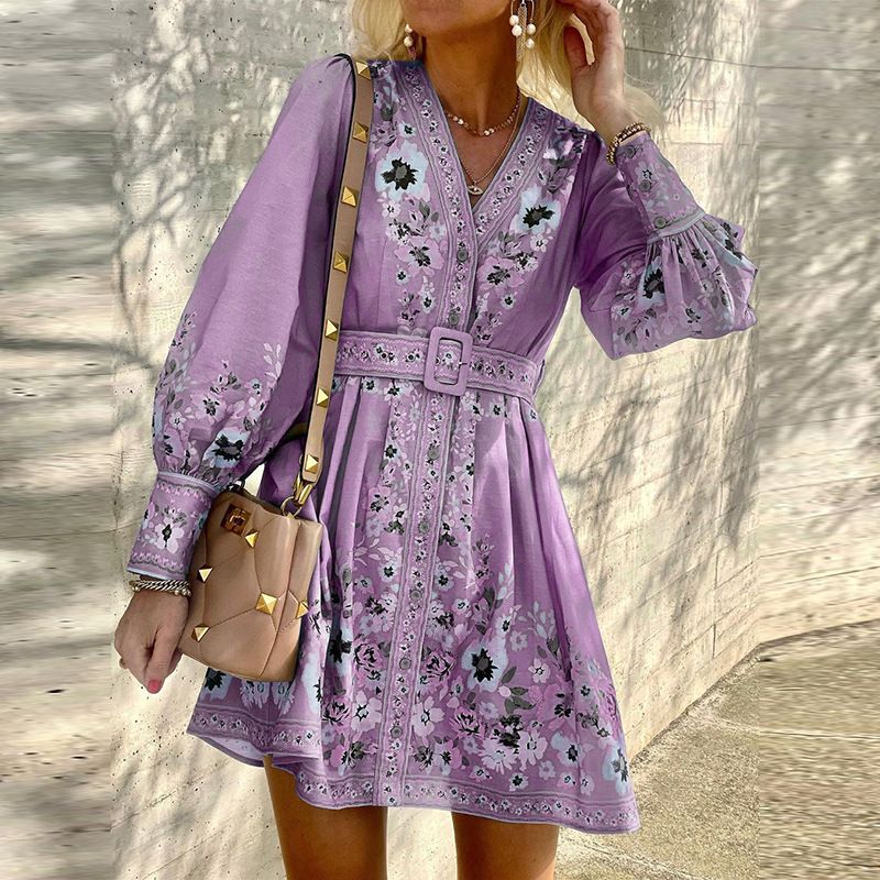 women's long-sleeved V-neck loose printed bohemian dress_mkmklike.com