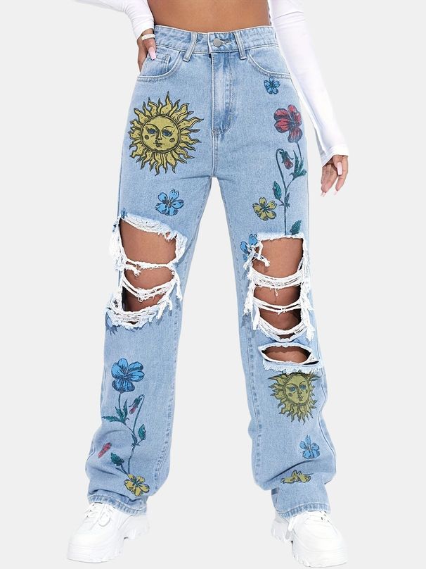 Women's Clothing Fashion Ripped Print Straight High Waist Slim Denim Trousers Versatile Trendy Jeans_mkmklike.com