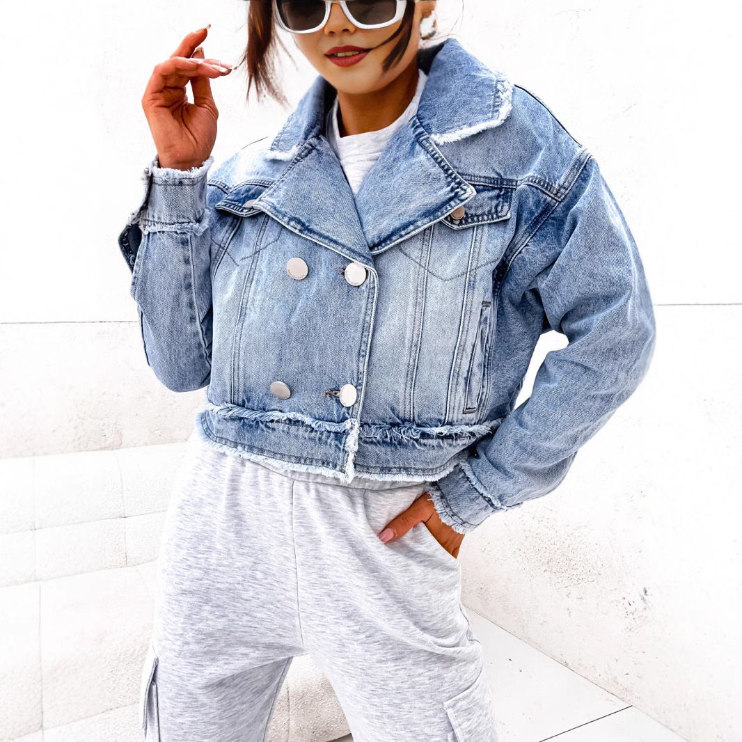 Women's Clothing Distressed Denim Jacket For Women - Oversized Washed Cotton Blend With Notch Lapel & Long Sleeves_mkmklike.com