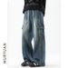 Men's American Vintage Washed Cargo Jeans, Multi-Pocket Utility Loose Wide Leg Denim Pants_mkmklike.com