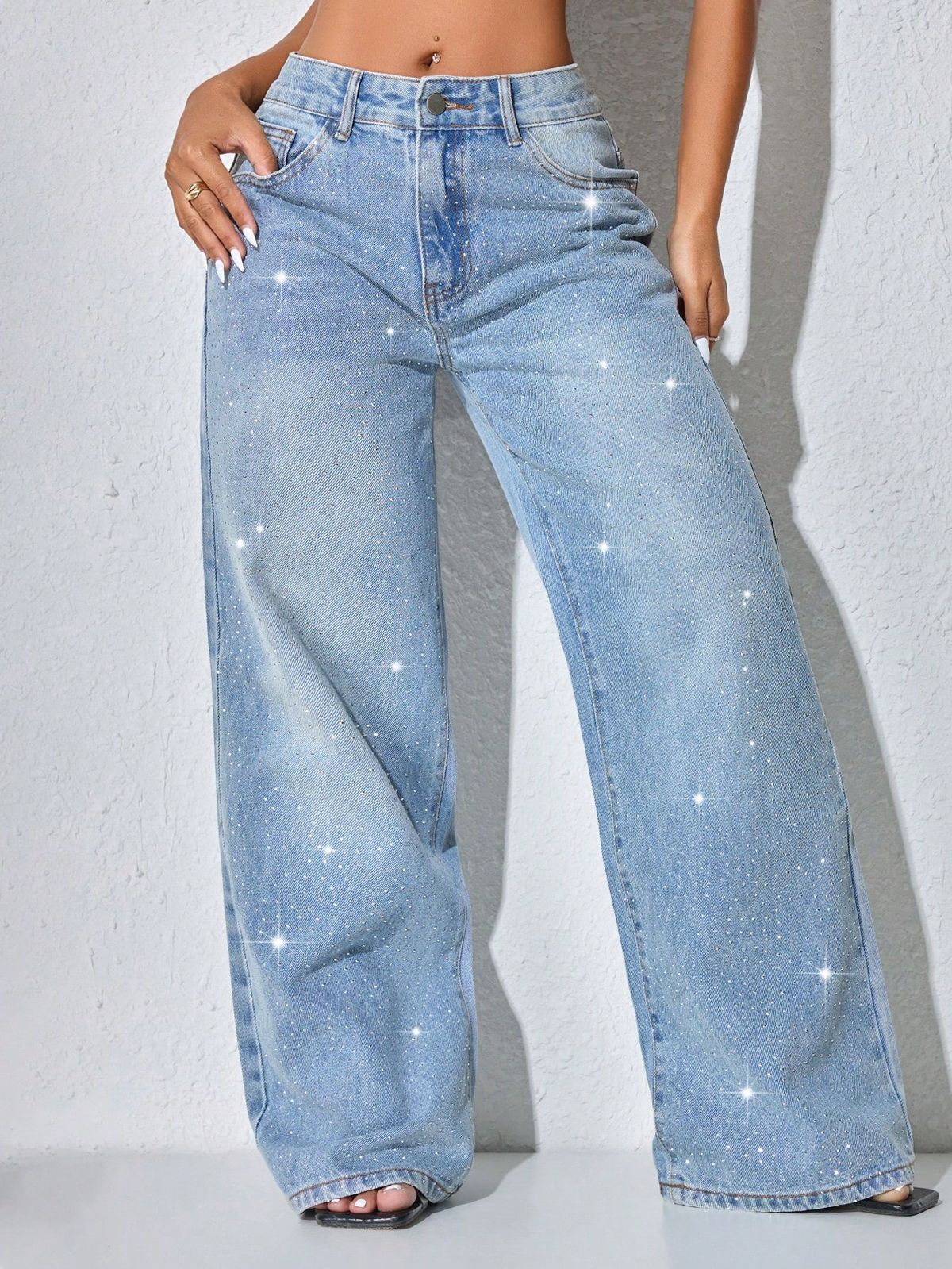 Low-Rise Distressed Jeans For Women – Rhinestone Embellished Button-Fly Straight Leg Denim Pants (S-XXL, 3 Washes)_mkmklike.com