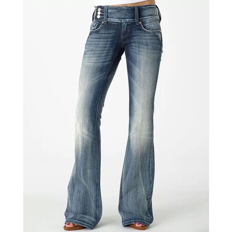 Women's Clothing Retro Side Button Mid Waist Slightly Flared Jeans_mkmklike.com