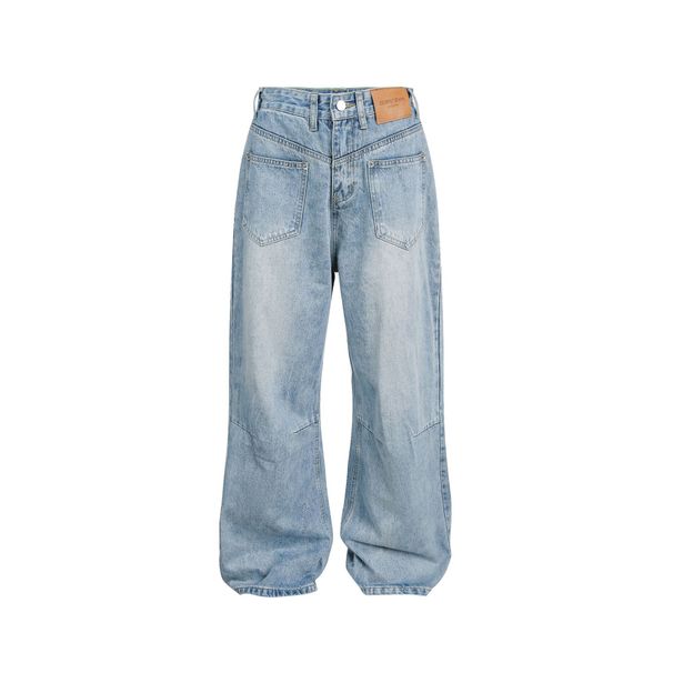 CATTEE Unisex High-Waisted Distressed Denim Jeans Reverse-Seam Streetwear with Raw Hem Blue M-XXL_mkmklike.com