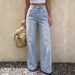 Women's High Waist Wide Leg Jeans Light Wash Yellow Floral Print Loose Fit Floor Length Fresh Pants NY852_mkmklike.com