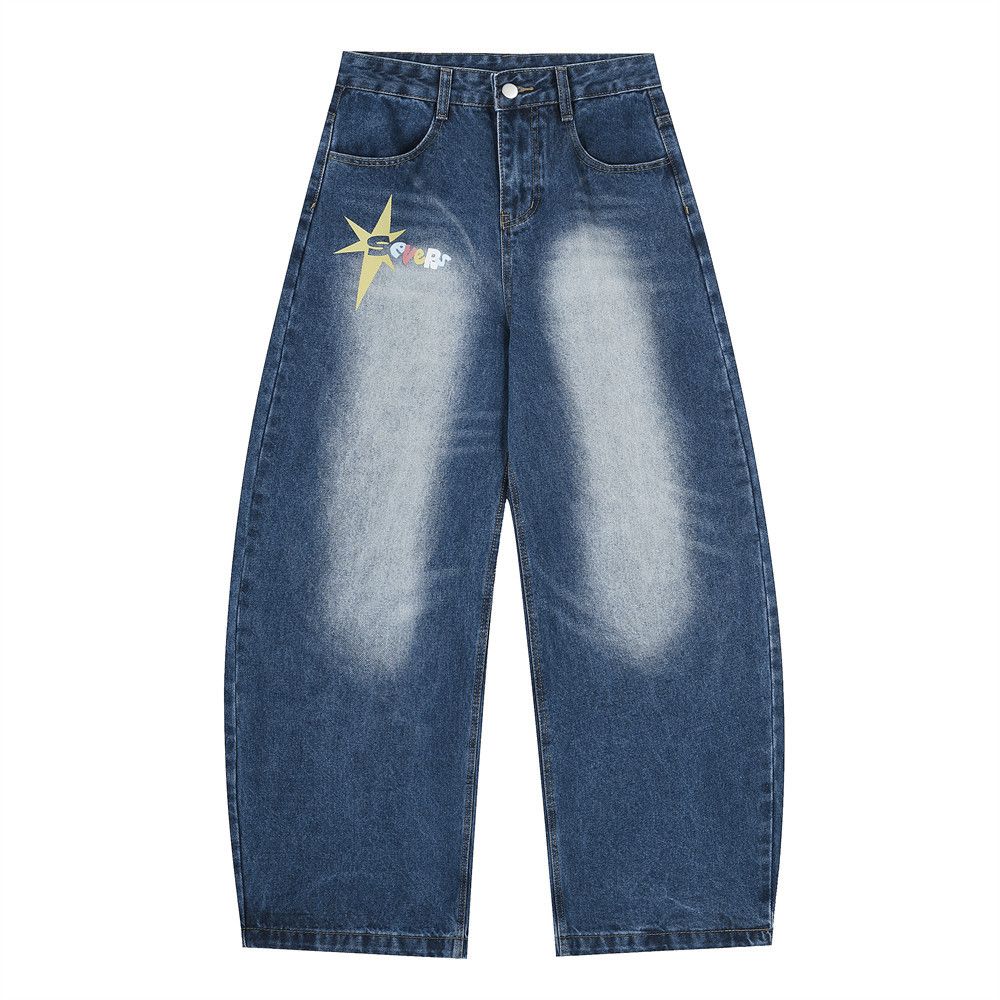 Cartoon Letter Color-Block Print Scimitar Jeans Men's Loose Fit Versatile Washed Wide-Leg Floor-Length Long Pants_mkmklike.com