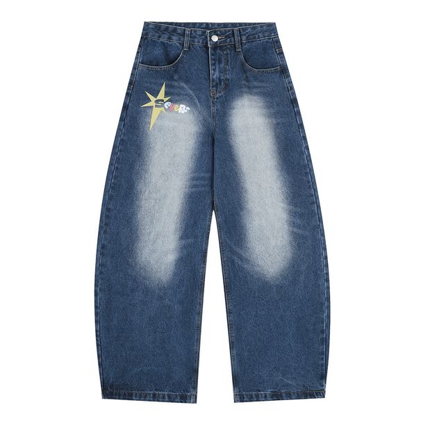 Cartoon Letter Color-Block Print Scimitar Jeans Men's Loose Fit Versatile Washed Wide-Leg Floor-Length Long Pants_mkmklike.com