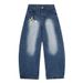Cartoon Letter Color-Block Print Scimitar Jeans Men's Loose Fit Versatile Washed Wide-Leg Floor-Length Long Pants_mkmklike.com