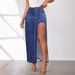 European And American High Slit Half Length Denim Skirt Women 2025 Spring And Summer New Style Washed Solid Color Mid Length Skirt_mkmklike.com