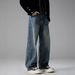 Men's Blue Wide Leg Jeans Retro Distressed Vintage Loose Straight Leg Trousers Mid Waist Long Curved Pants With Slight Stretch_mkmklike.com