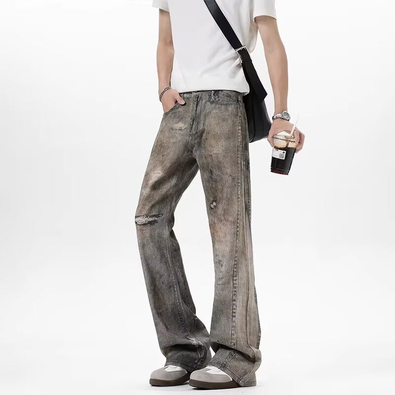 Vintage Worn-Out Style Printed Jeans For Men, American Niche Design, Loose Straight-Leg Slightly Flared Pants_mkmklike.com