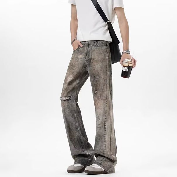 Vintage Worn-Out Style Printed Jeans For Men, American Niche Design, Loose Straight-Leg Slightly Flared Pants_mkmklike.com