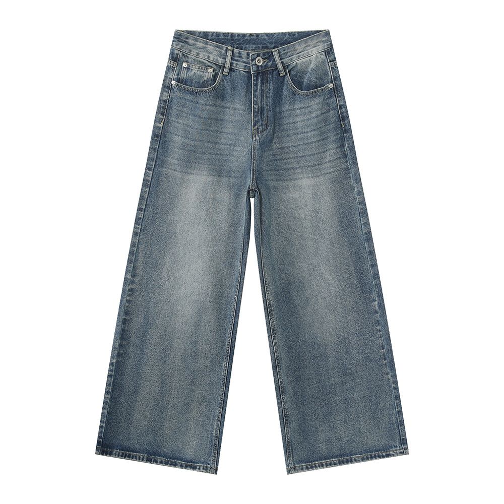 Men's Korean Cleanfit Jeans – Washed Blue Straight-Leg Trousers With High-Drape Wide Hem(S-XL, Mid-Rise, Zip Fly, Unisex Staple)_mkmklike.com