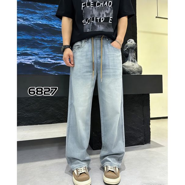 Men's Light Blue Relaxed Fit Straight Leg Jeans – Stretch Waist, Wide Leg Casual Trousers (Cotton, High Waist, Washed & Distressed Finish)_mkmklike.com