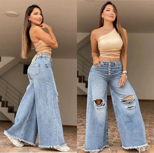 High Waisted Retro Ripped Wide Leg Jeans Light Washed Denim Cross Border European American Style Women's Long Pants_mkmklike.com