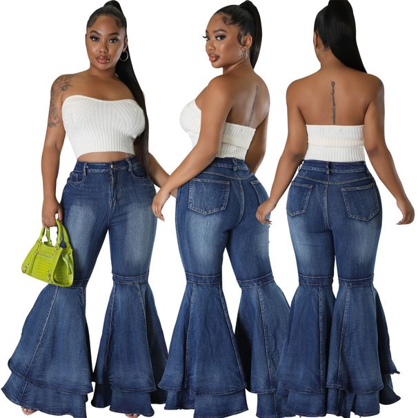 Women's Clothing Fashion Versatile Wide Leg Washed Denim Stretch Bell Pants_mkmklike.com