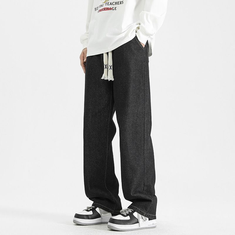 Men's Straight Leg Jeans Midweight Cotton Wide Leg Pants Trendy Loose Fit Casual Trousers for Spring And Autumn Black Blue_mkmklike.com