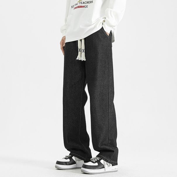 Men's Straight Leg Jeans Midweight Cotton Wide Leg Pants Trendy Loose Fit Casual Trousers for Spring And Autumn Black Blue_mkmklike.com