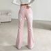 Women's High-Waisted Pink Washed Flared Jeans Double Button Retro Distressed Trousers European American Style_mkmklike.com