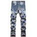 Vintage Punk Rock Distressed Denim Jeans For Men, Slim Fit Skinny Jeans With Ripped Details & Star Stitching, Blue Washed Tapered Leg_mkmklike.com