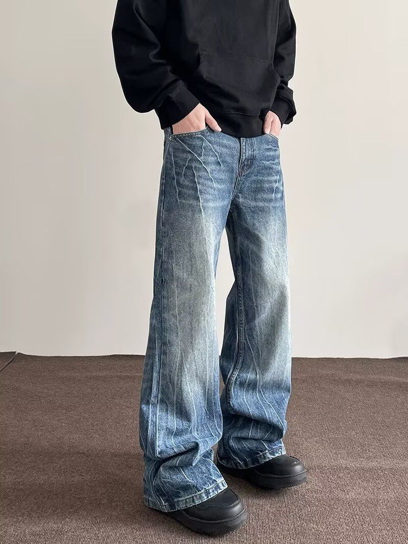 Men's Clothing Men's Cleanfit Lightning Crackle Washed Denim Jeans High Street Loose Straight Leg Flared Pants Retro Style_mkmklike.com