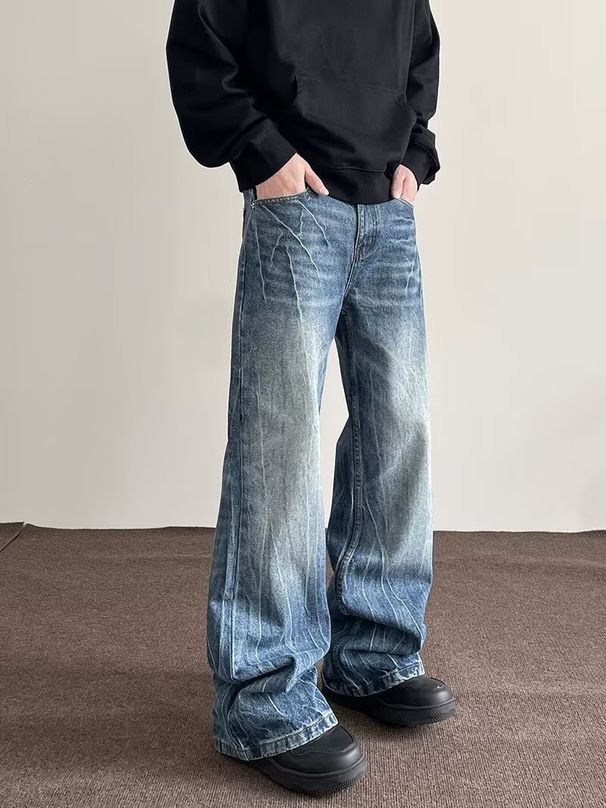 Men's Clothing Men's Cleanfit Lightning Crackle Washed Denim Jeans High Street Loose Straight Leg Flared Pants Retro Style_mkmklike.com