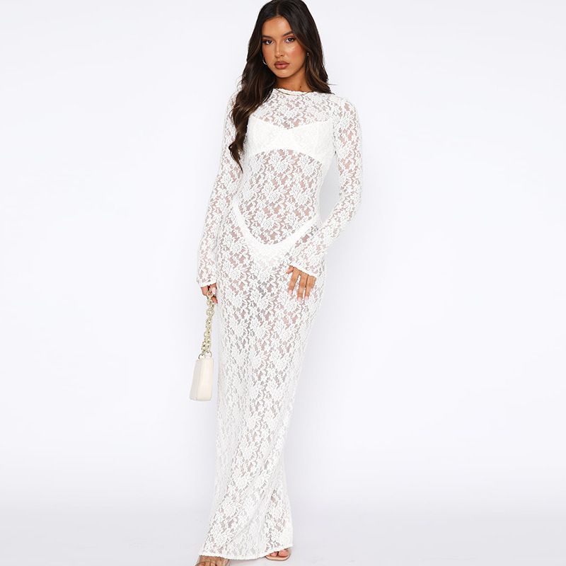 Women's Clothing new solid color lace see-through long-sleeved mid-length dress_mkmklike.com