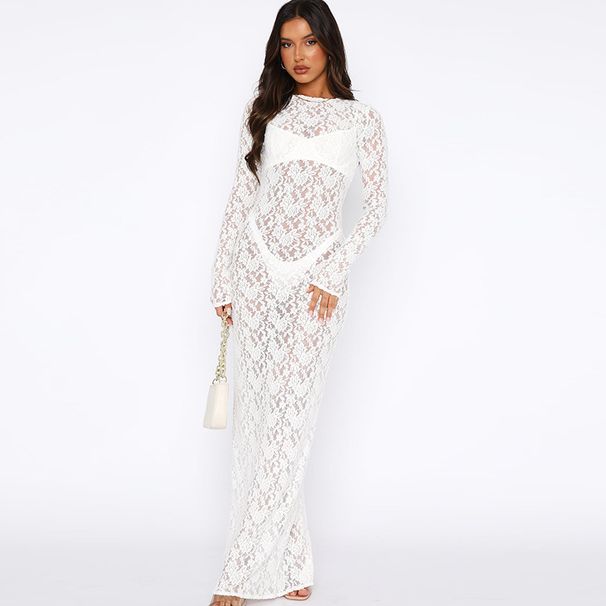 Women's Clothing new solid color lace see-through long-sleeved mid-length dress_mkmklike.com