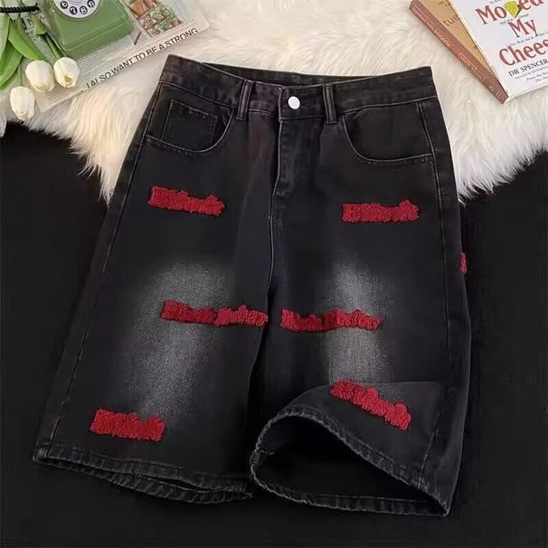 Men's American Style High Street Embroidered Denim Shorts Straight Leg Fashionable Design Petite Fit 2026 Style_mkmklike.com