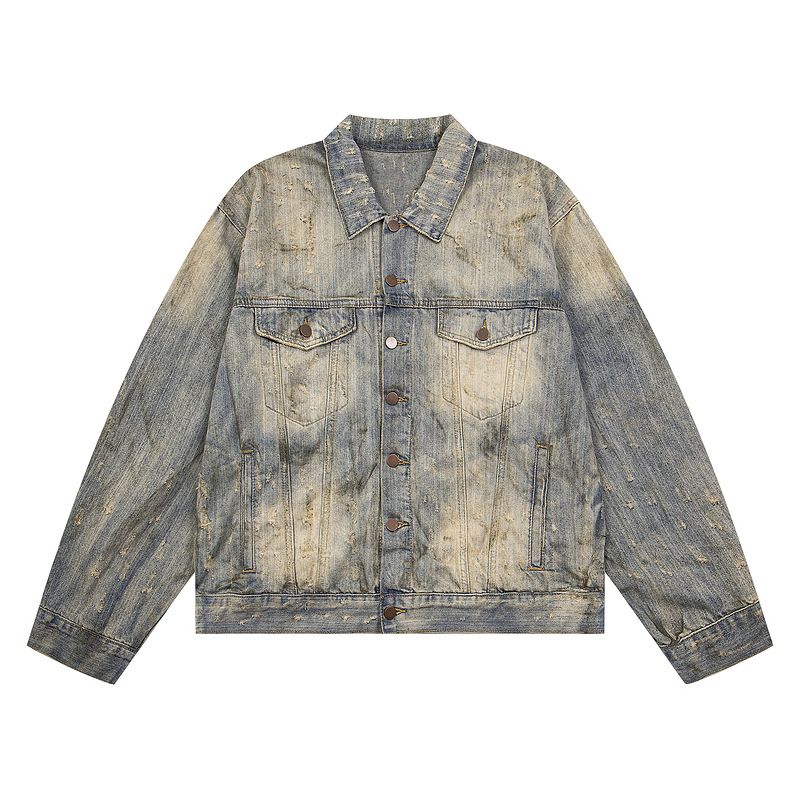 Vintage Washed Distressed Denim Jacket - Streetwear Boxy Fit With Bamboo Texture & Mud Dye For Men's Cleanfit Style_mkmklike.com