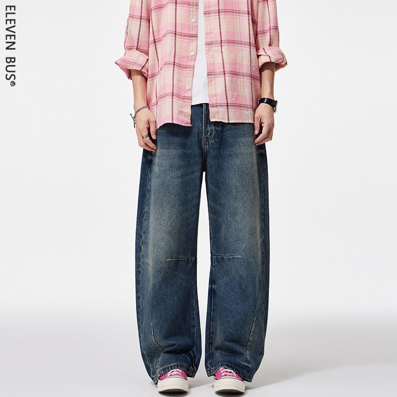 Men's Oversized Straight-Leg Jeans – Vintage High Street Baggy Denim Pants With Distressed Wash & Curved Hem_mkmklike.com