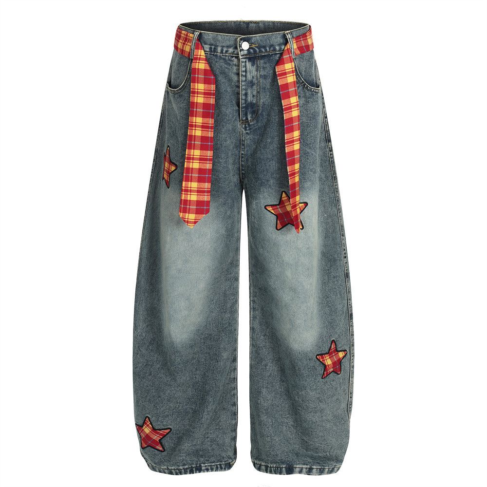 Five-Pointed Star Design Wide-Leg Jeans For Men, Trendy Brand, Unique Punk Style, Plaid Belt, Washed Scimitar Long Pants_mkmklike.com