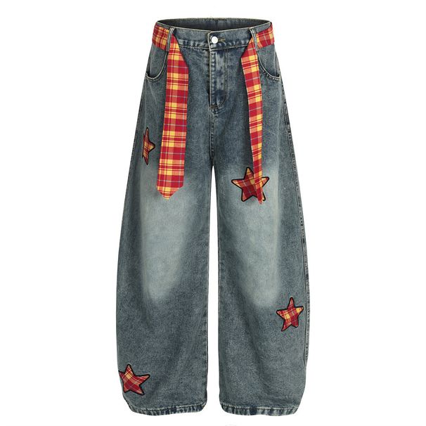 Five-Pointed Star Design Wide-Leg Jeans For Men, Trendy Brand, Unique Punk Style, Plaid Belt, Washed Scimitar Long Pants_mkmklike.com