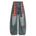 Five-Pointed Star Design Wide-Leg Jeans For Men, Trendy Brand, Unique Punk Style, Plaid Belt, Washed Scimitar Long Pants_mkmklike.com
