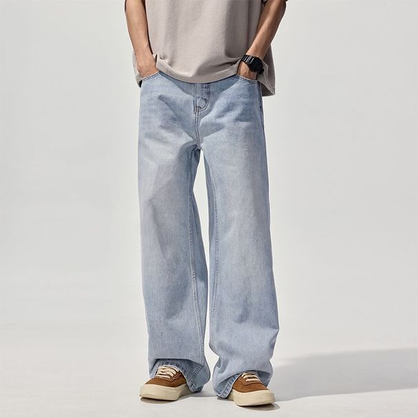 Men's Light Blue Relaxed Fit Straight Leg Jeans - Vintage Washed Denim Pants For Casual Wear_mkmklike.com