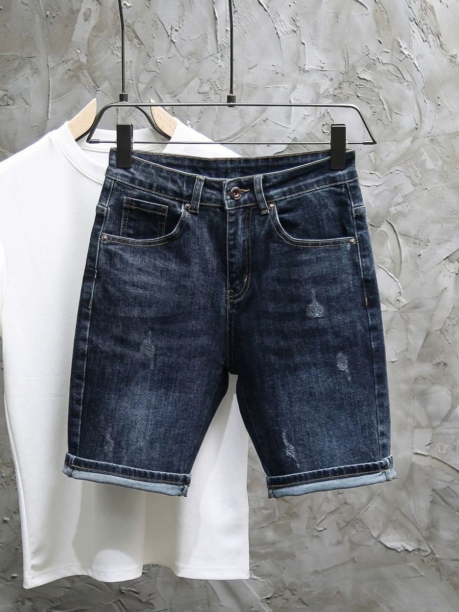 Men's Slim Fit Denim Shorts Dark Blue Stretchy Tapered Distressed Versatile New Summer Style Trendy Four Or Five Point Pants_mkmklike.com