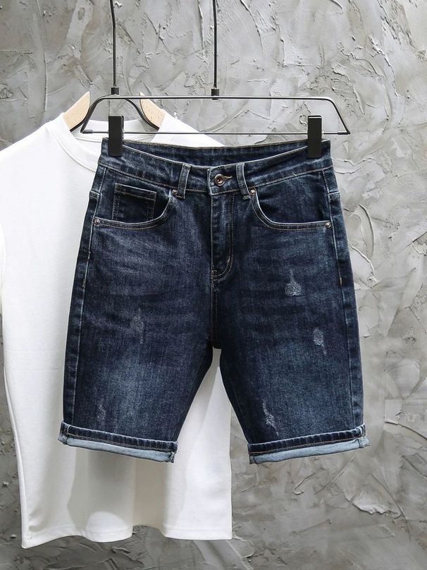 Men's Slim Fit Denim Shorts Dark Blue Stretchy Tapered Distressed Versatile New Summer Style Trendy Four Or Five Point Pants_mkmklike.com