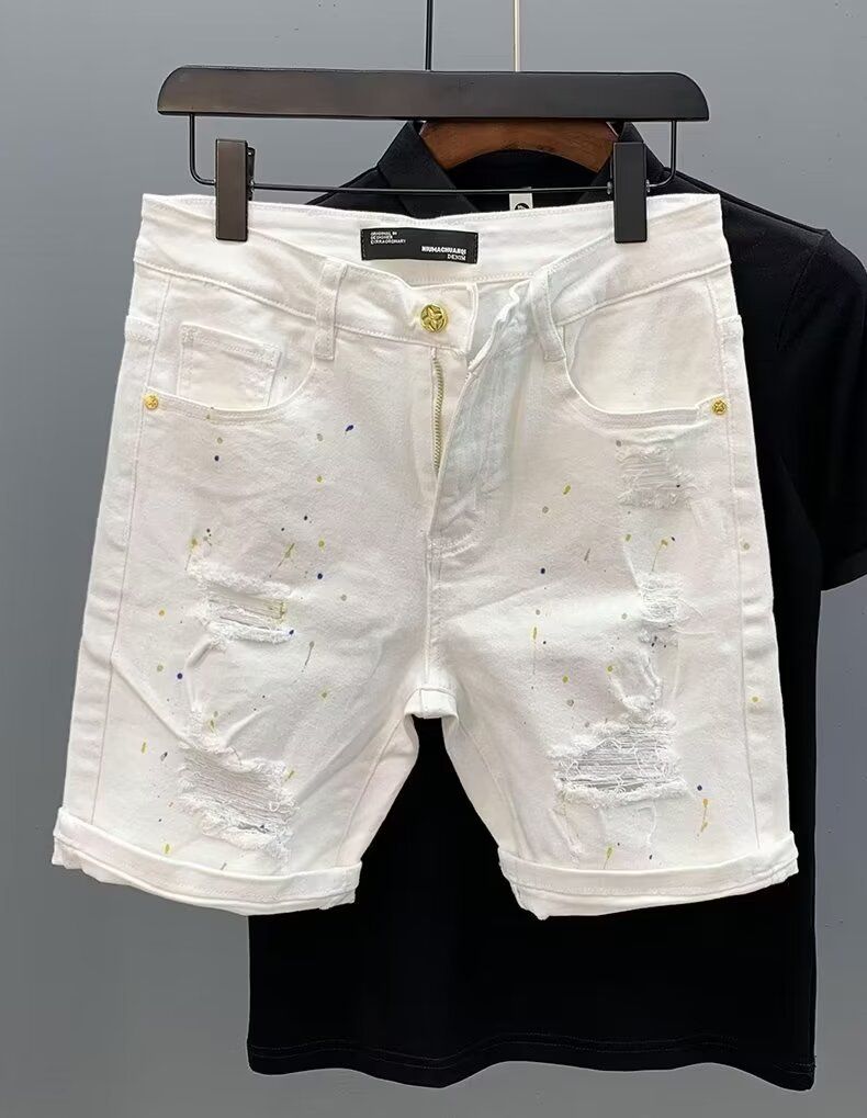 Men's Clothing Men's Summer Casual Retro Distressed Paint Splatter Cargo Shorts Loose Fit Trendy High Street Five Point Denim Pants_mkmklike.com