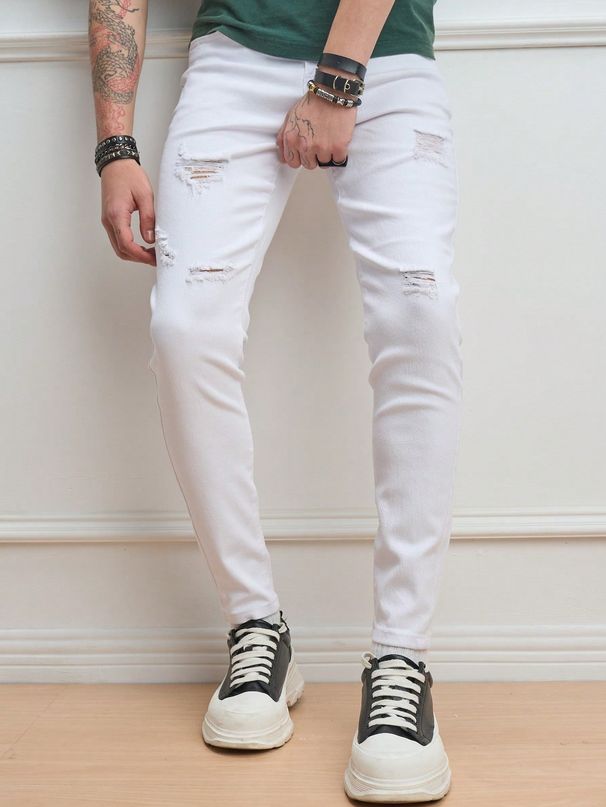 Men's Slim Fit White Distressed Jeans - High Street Fashion Straight Leg Ripped Patchwork Casual Pants_mkmklike.com